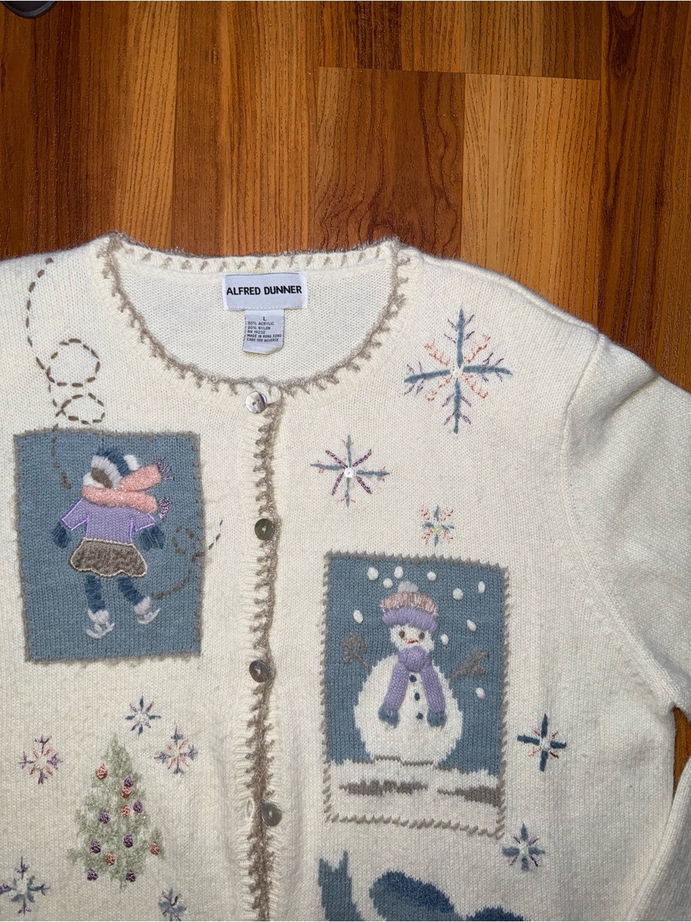 Alfred Dunner Cream Holiday Embroidered Cardigan with Blue Accents - Picture 3 of 4